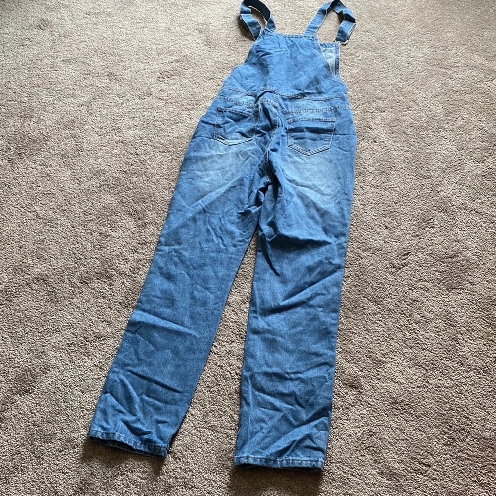 Misslook Floral Painted Denim Overalls Light Wash Blue Wide Leg Casual SIZE S